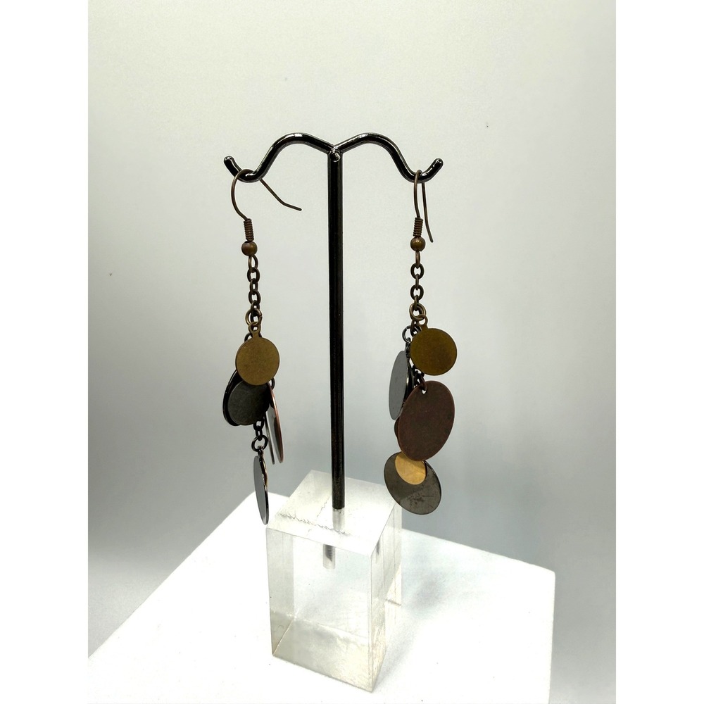 Mixed Metal Disc Cluster Dangle Earrings Boho Bronze Copper Gunmetal Drop